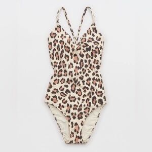 aerie Leopard Print One-Piece Swimsuit in Cream, Brown, Black